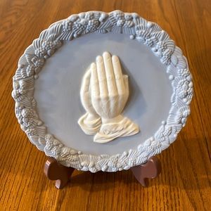 Praying Hands plate, floral design around edge, 7”